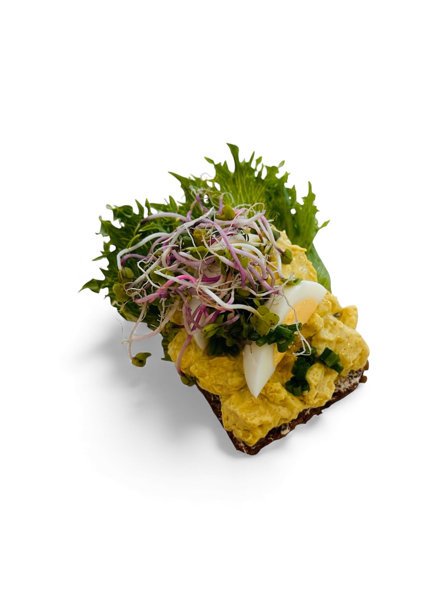 Dansk karry sild med rødløg, æg og karse på solsikkerugbrød