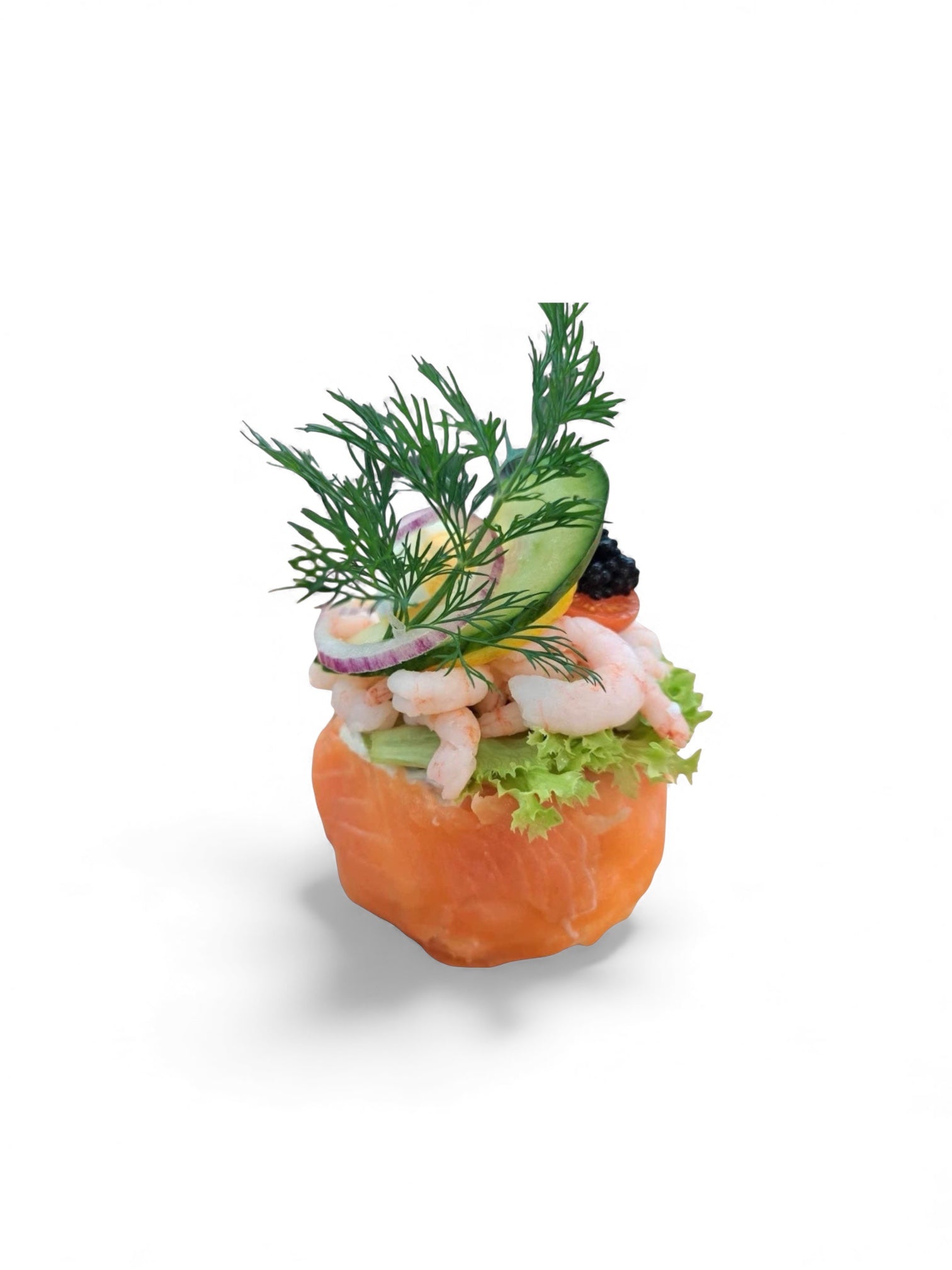 Laksebombe, rejesalat, rejer, kaviar, citron & dild pakket i koldrøget laks