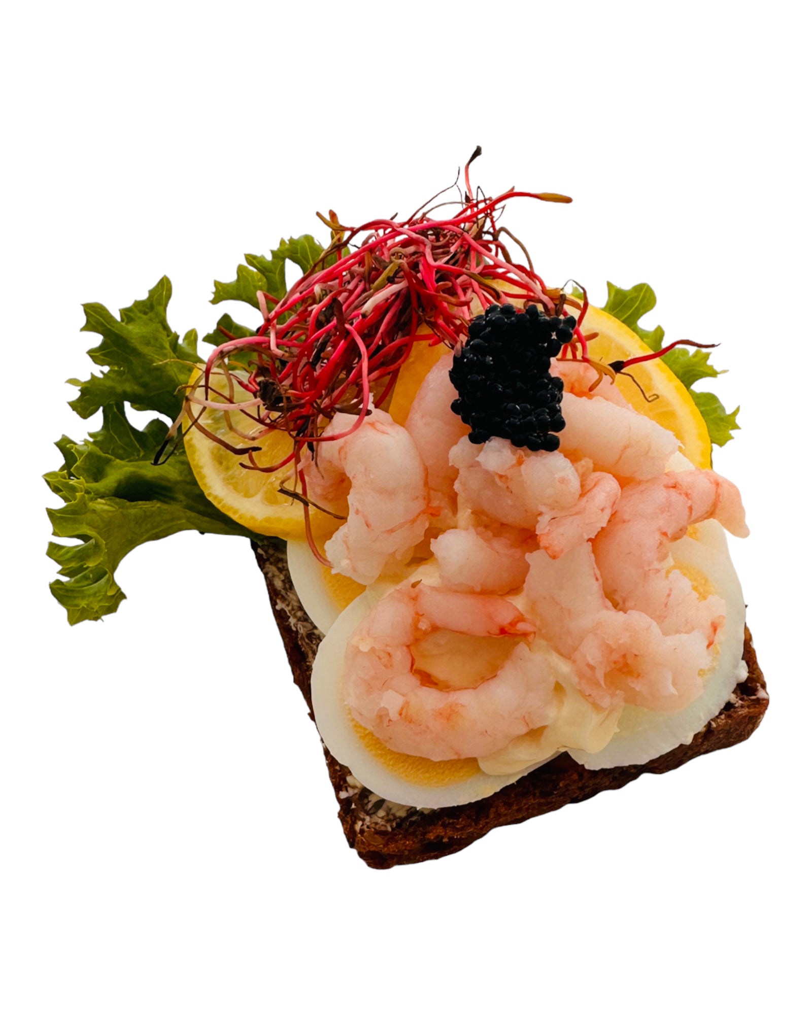 Æg og rejer, med citron og kaviar. Anrettes på dansk solsikke rugbrød