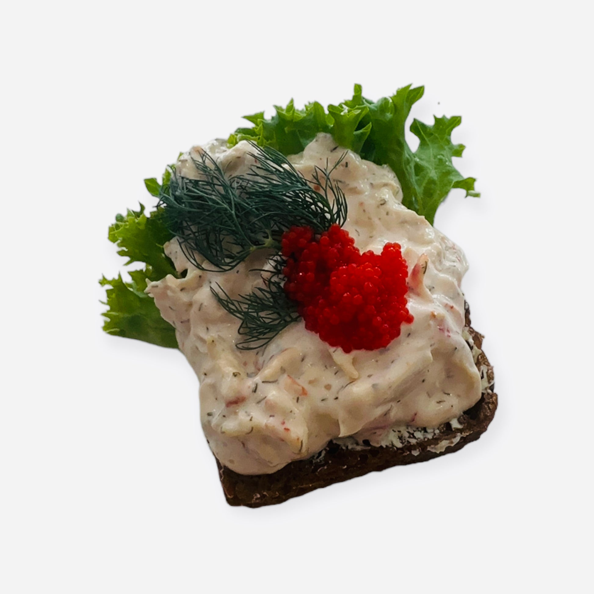 Luksus rejesalat med, rød kaviar og dild. Anrettes på dansk solsikke rugbrød
